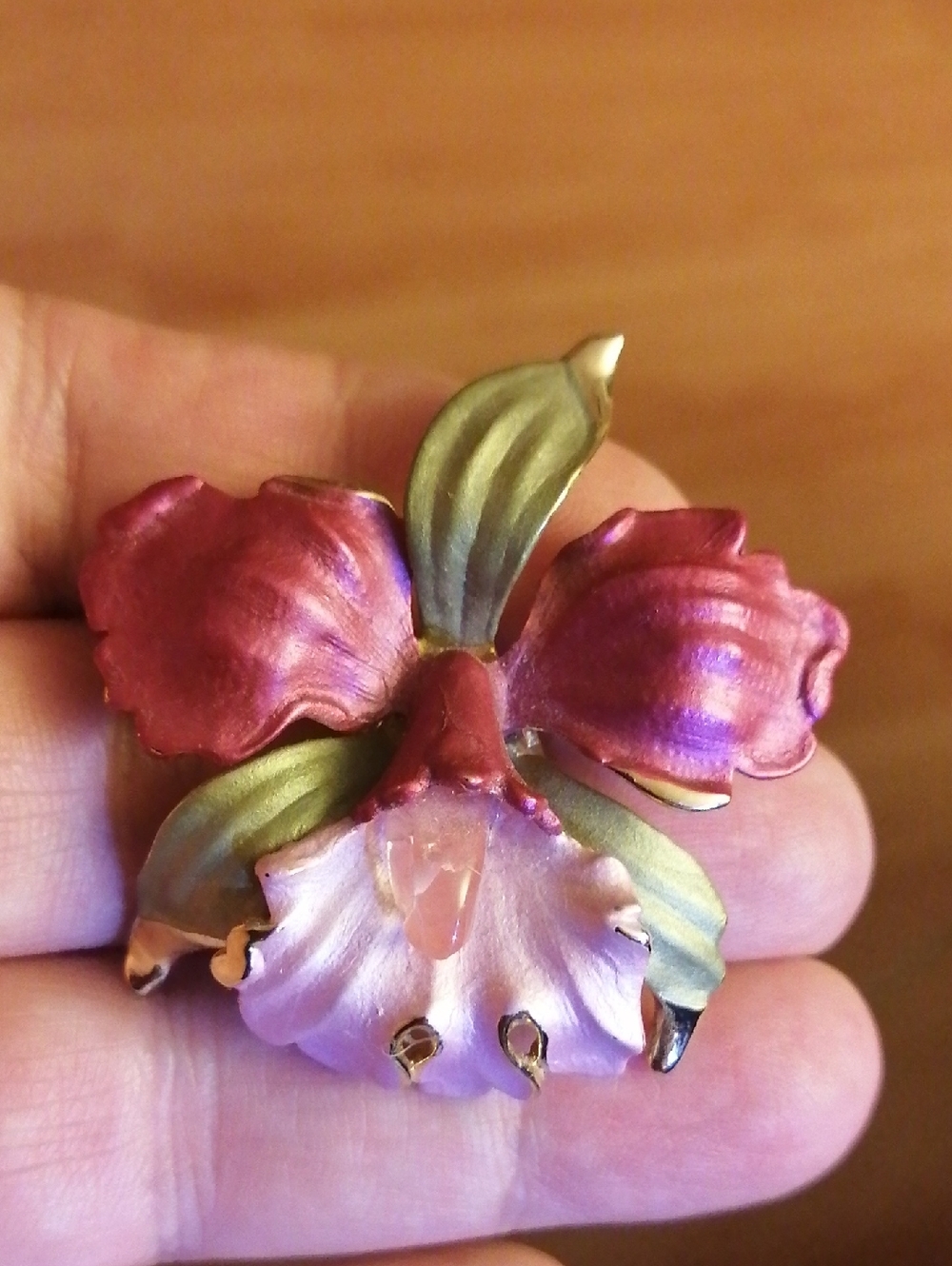 Graziano Style Pink Purple Orchid With Rose Quartz Enamelled Vintage Brooch
